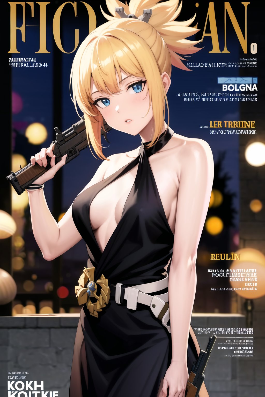 masterpiece, best quality, highres,kohaku, blonde hair, blue eyes, hair ornament, ponytail, magazine cover, 1girl, long hair, looking at viewer,  gloves, dress, holding, cleavage, bare shoulders, jewelry, medium breasts, standing, weapon, sidelocks, parted lips, black gloves, belt, artist name, holding weapon, blurry, character name, black dress, english text, gun, night, blurry background, halterneck, holding gun, rifle, single glove, assault rifle, half gloves, trigger discipline, bokeh, halter dress, background text, evening gown, kalashnikov rifle, an-94 (girls' frontline)