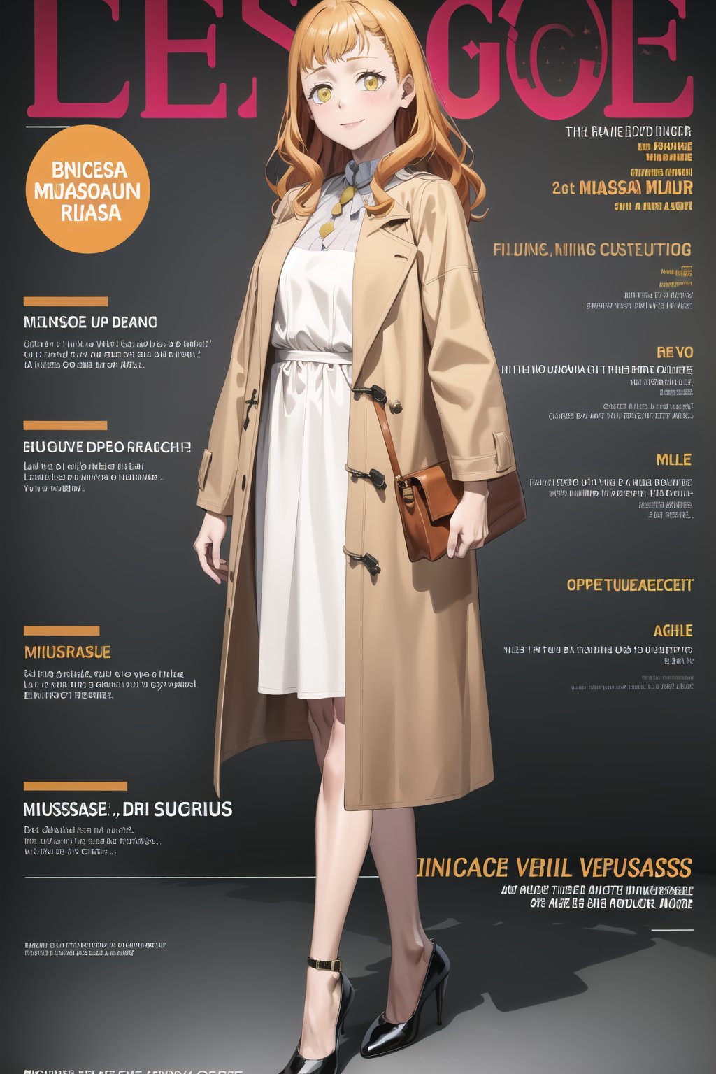 masterpiece, best quality, highres, ((mimosa vermillion)), orange hair, magazine cover, 1girl, looking at viewer, smile, long sleeves, dress, standing, full body, open clothes, bag, black footwear, white dress, character name, high heels, english text, coat, open coat, handbag, brown coat, barcode,