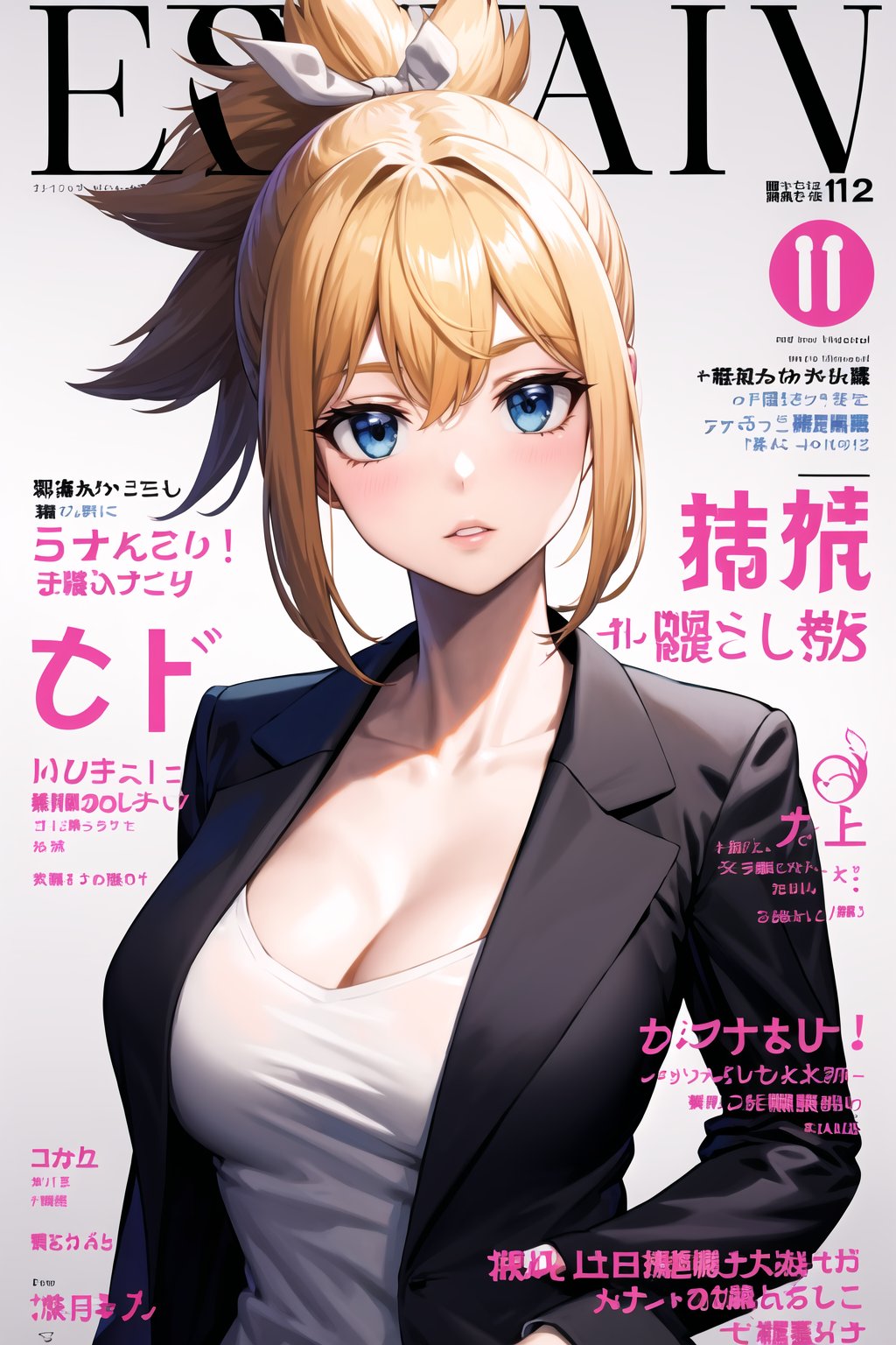 masterpiece, best quality, highres,kohaku, blonde hair, blue eyes, hair ornament, ponytail, magazine cover, 1girl, large breasts, simple background, shirt, cleavage, collarbone, jacket, white shirt, upper body, parted lips,  open clothes, grey background, character name, open jacket, black jacket, copyright name, ((formal)), ((black suit))