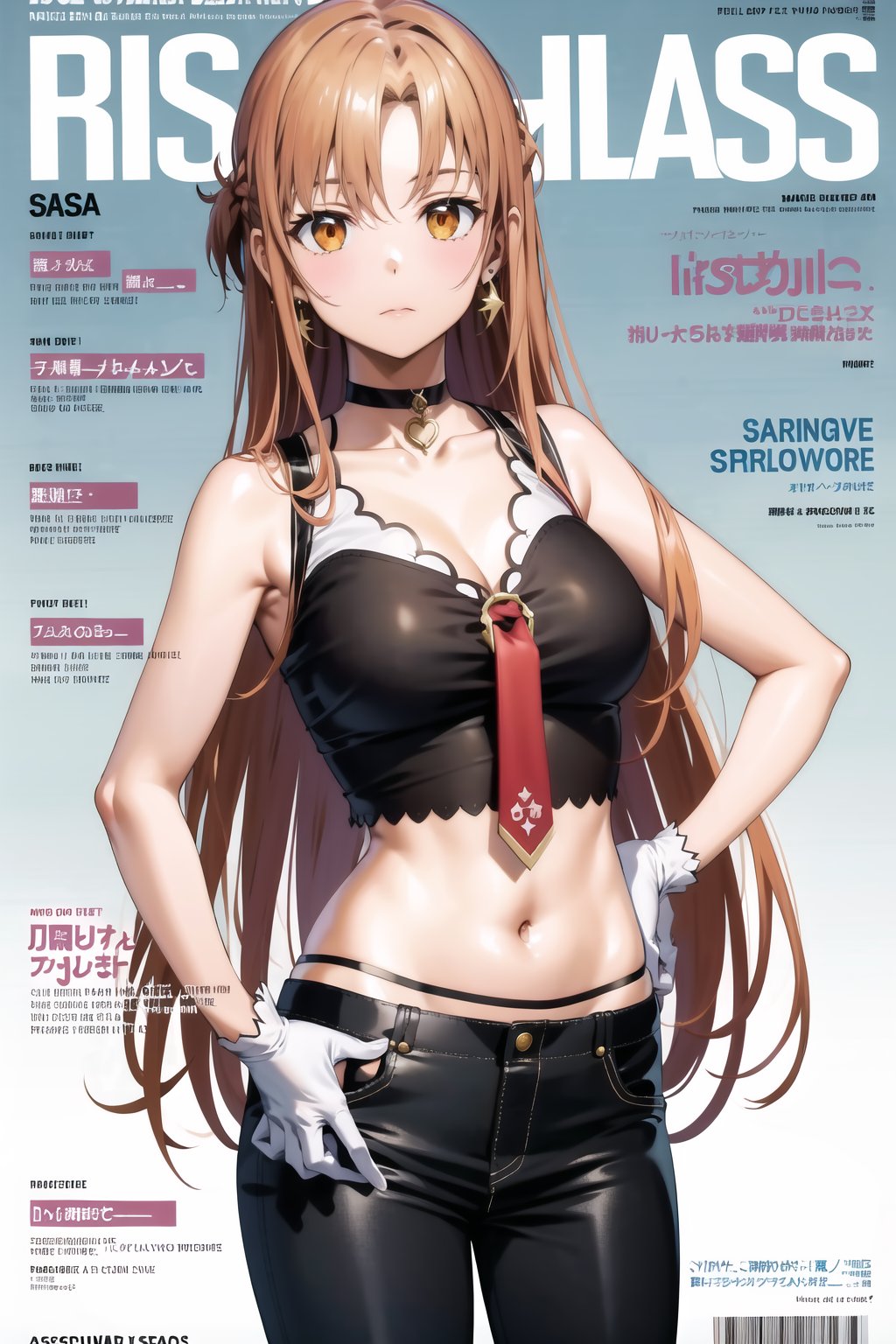 masterpiece, best quality, highres, (aaasuna), orange hair, red hair, long hair, brown eyes, magazine cover, 1girl, large breasts, shirt, gloves, white background, navel, holding, cleavage, bare shoulders, jewelry, closed mouth, collarbone, earrings, sleeveless, choker, midriff, pants, white gloves, bag, character name, english text, crop top, hand on hip, bare arms, sleeveless shirt, black pants, blue shirt, casual, contemporary, handbag, blue choker,