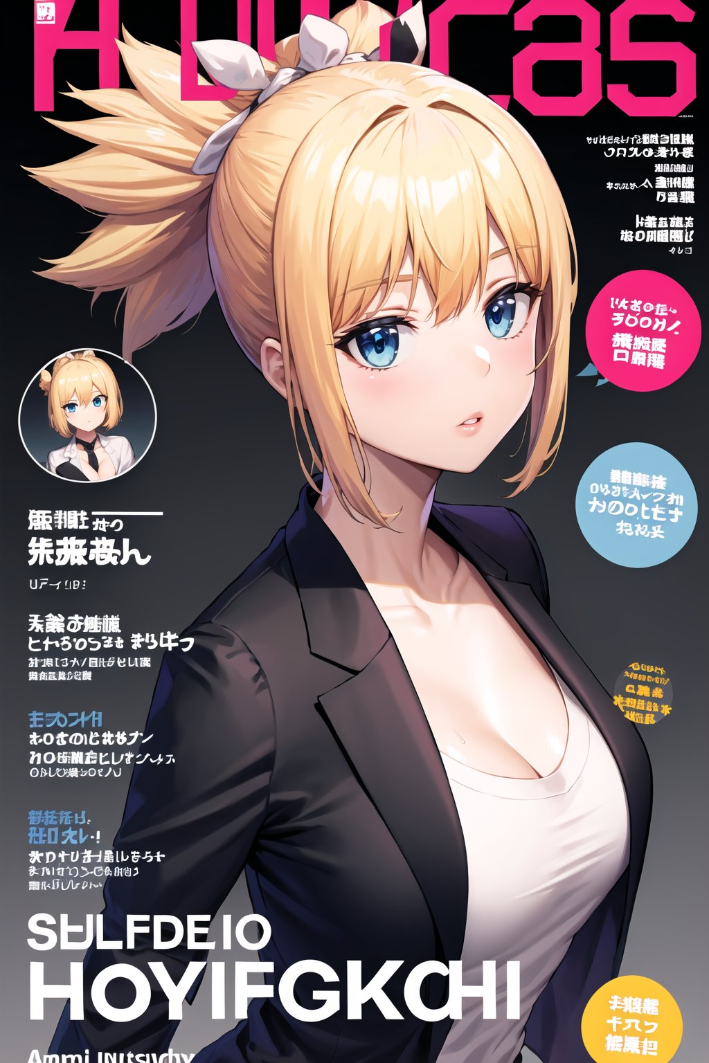 masterpiece, best quality, highres,kohaku, blonde hair, blue eyes, hair ornament, ponytail, magazine cover, 1girl, large breasts, simple background, shirt, cleavage, collarbone, jacket, white shirt, upper body, parted lips,  open clothes, grey background, character name, open jacket, black jacket, copyright name, ((formal)), ((black suit))