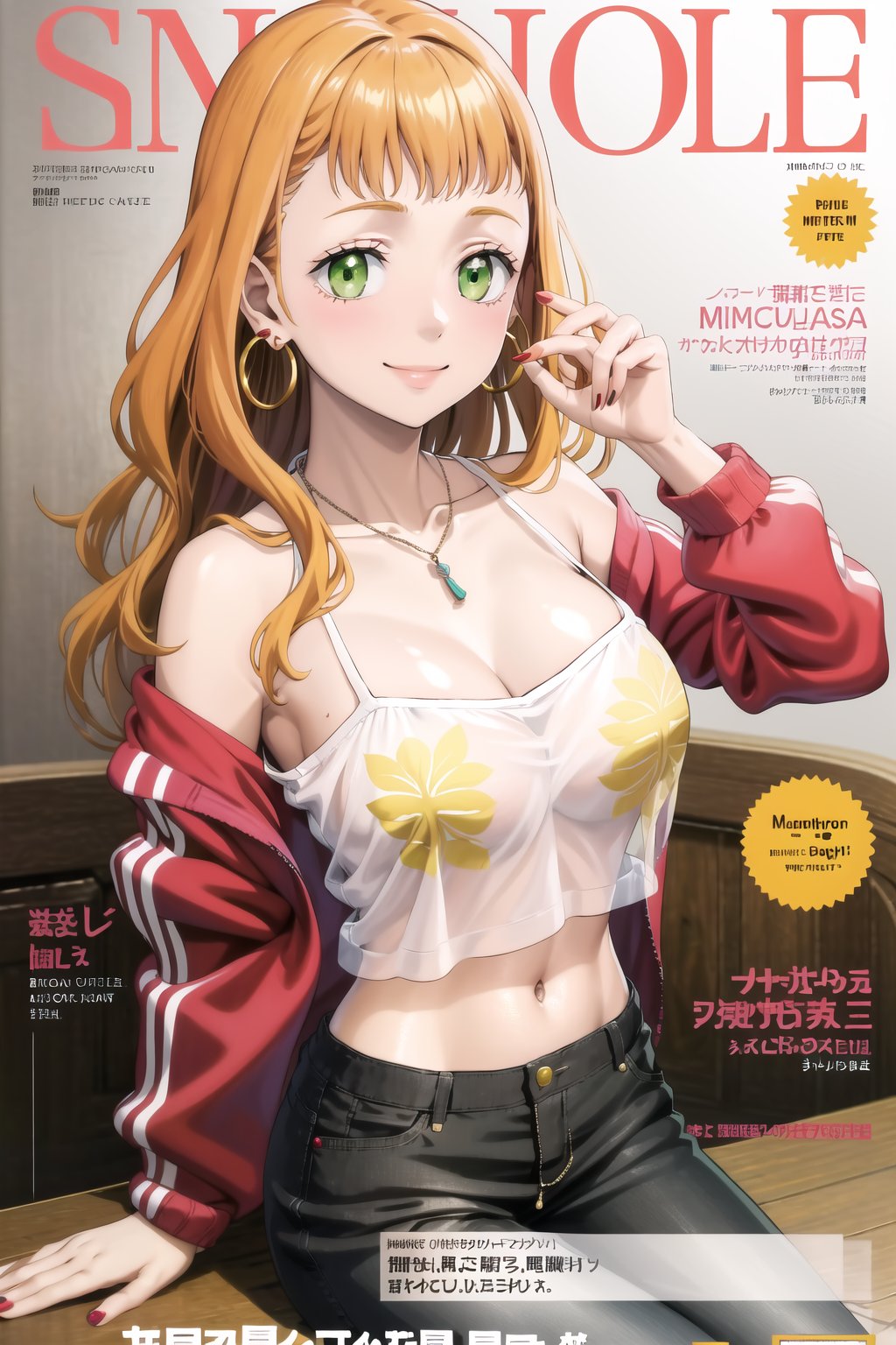 masterpiece, best quality, highres, (mimosa vermillion), orange hair, green eyes, magazine cover, 1girl, looking at viewer, looking at viewer, smile, large breasts, shirt, long sleeves, navel, cleavage, bare shoulders, jewelry, sitting, jacket, white shirt, earrings, open clothes, midriff, pants, hand up, necklace, off shoulder, nail polish,  character name, english text, open jacket, black jacket, crop top, see-through, v, black pants,  red jacket, strap slip, hoop earrings, barcode, skull print