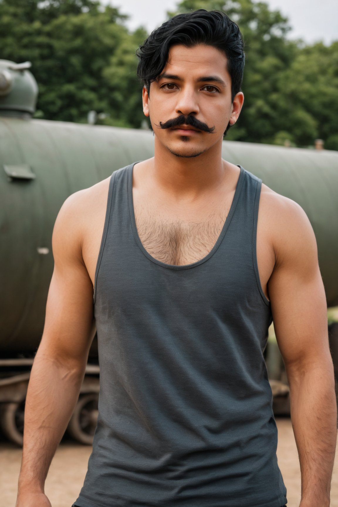 best quality, 4k, 8k, highres, masterpiece:1.2), ultra-detailed, (realistic, photorealistic, photo-realistic:1.37),man, black hair,brown eyes,upper body,tattoo,dark-skinned male,tank top,realistic,mustache