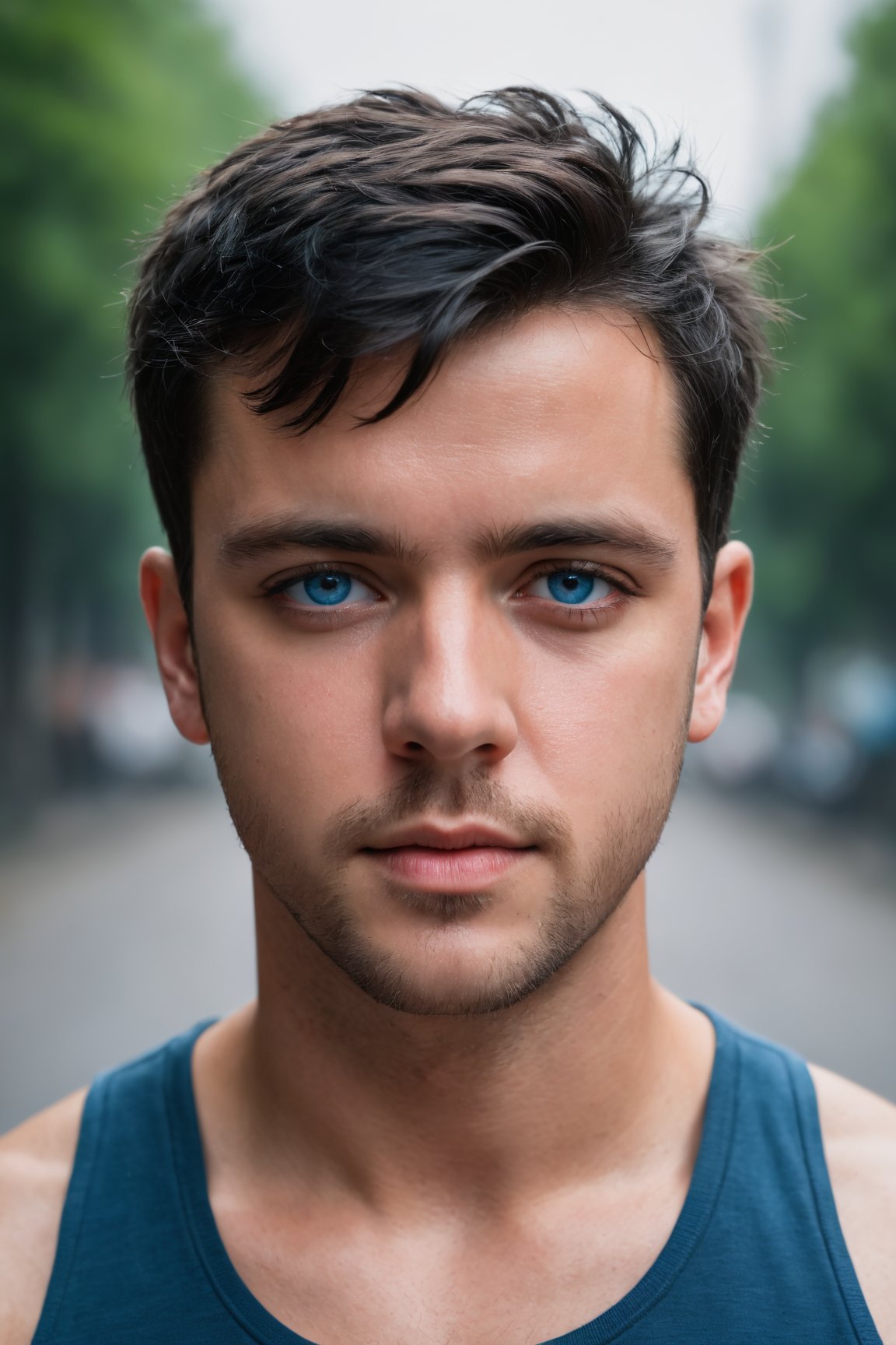 best quality, 4k, 8k, highres, masterpiece:1.2), ultra-detailed, (realistic, photorealistic, photo-realistic:1.37),man, looking at viewer,short hair,blue eyes,black hair,sweat,blurry background,portrait,realistic