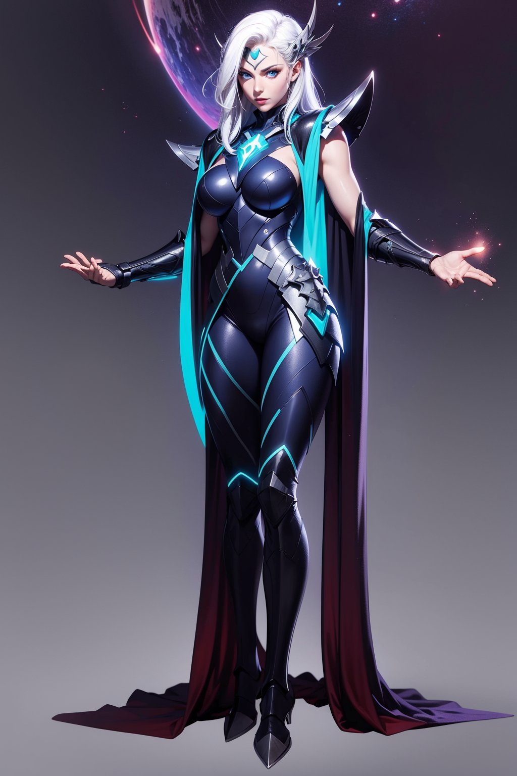 1girl, solo, long hair, breasts, blue eyes, large breasts, standing, full body, white hair, shiny, cape, armor, mask, glowing, shoulder armor, floating, floating object,ValentinaML