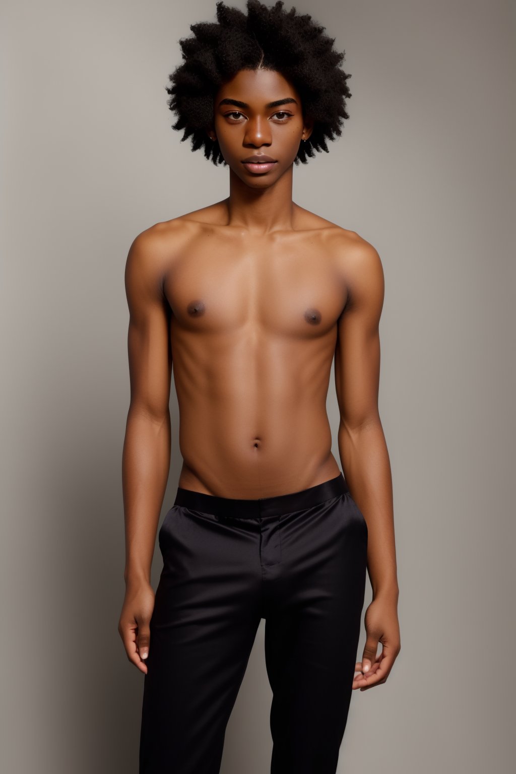 (black Ghanaian African, dark-skinned_male, black skin, dark skin), (((femboy, trap, feminine female face, androgynous, effeminate))), smooth belly, smooth stomach, flat belly, flat stomach, ((wide hips)), pectorals, perfect hands, perfect simple silk pants, shirtless, hairless, clean shaven,1boy, skinny, lean, slender, slim, thin, femboy, dark detailed perky nipples areolae,photorealistic,Masterpiece,Detailedface,effeminate