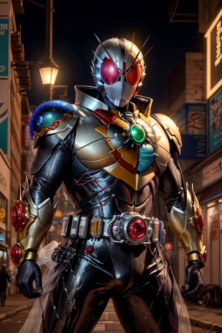 kamenrider,hyper HD, 4K, Famous scenes: In the heart of the city, where neon lights illuminate the night, the iconic figure of Kamen Rider emerges. His hyper-realistic appearance, captured in stunning 4K definition, leaves the crowd in awe. Witness the famous scenes of this mechanical marvel in action, as he defends against the darkness that threatens humanity, his hyper-detailed armor gleaming under the city lights.