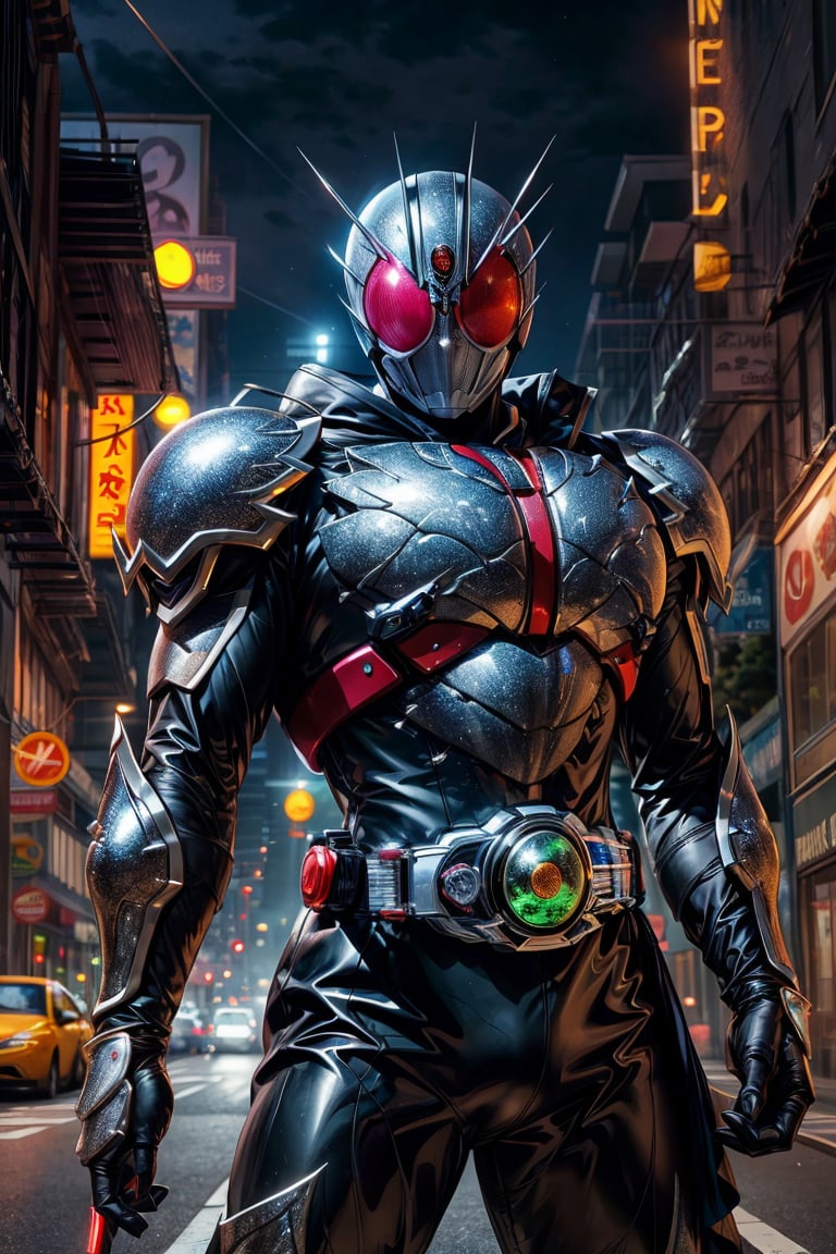 kamenrider,hyper HD, 4K, Famous scenes: In the heart of the city, where neon lights illuminate the night, the iconic figure of Kamen Rider emerges. His hyper-realistic appearance, captured in stunning 4K definition, leaves the crowd in awe. Witness the famous scenes of this mechanical marvel in action, as he defends against the darkness that threatens humanity, his hyper-detailed armor gleaming under the city lights.