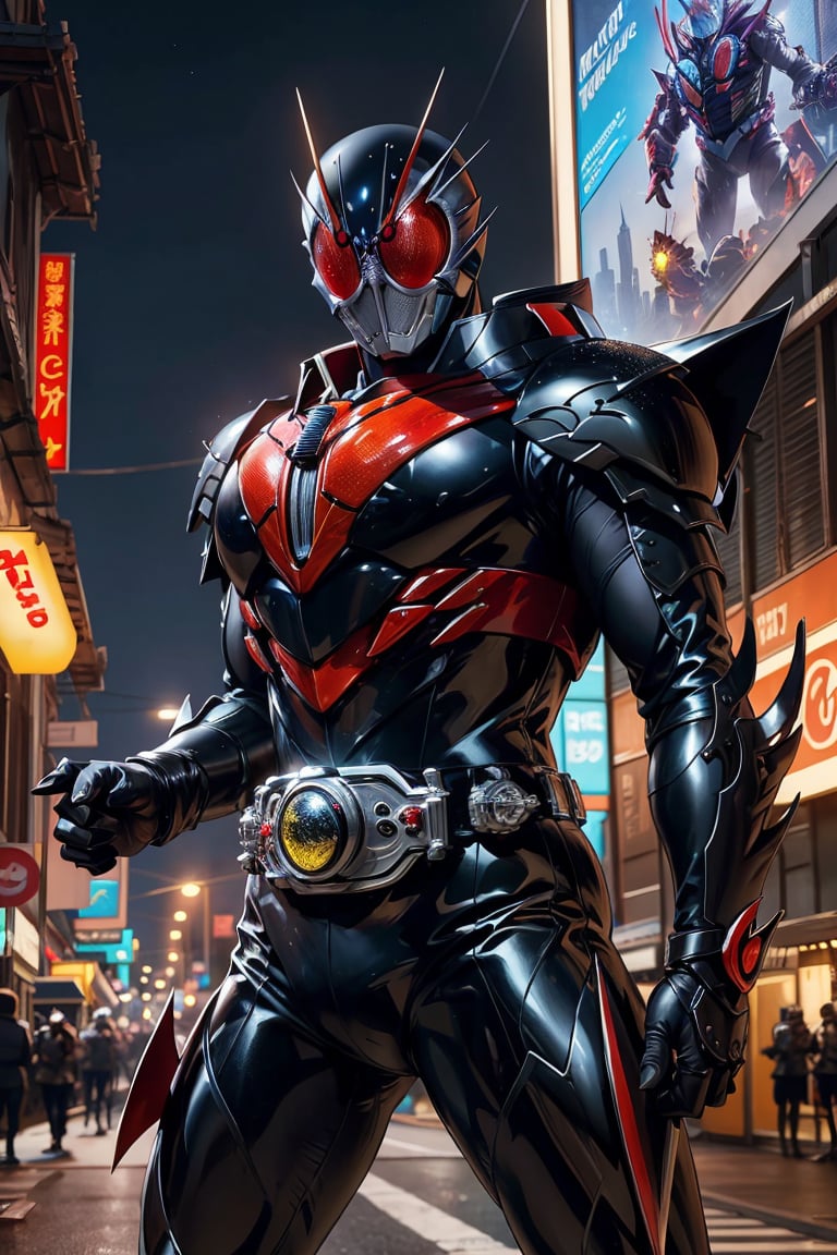 kamenrider, animal theme, red color armor, black color armor,hyper HD, 4K, where neon lights illuminate the night, the iconic figure of Kamen Rider emerges. His hyper-realistic appearance, captured in stunning 4K definition, leaves the crowd in awe. Witness the famous scenes of this mechanical marvel in action, as he defends against the darkness that threatens humanity, his hyper-detailed armor gleaming under the city lights.