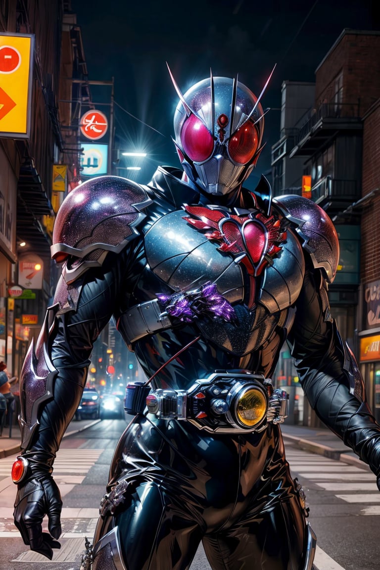 kamenrider,hyper HD, 4K, Famous scenes: In the heart of the city, where neon lights illuminate the night, the iconic figure of Kamen Rider emerges. His hyper-realistic appearance, captured in stunning 4K definition, leaves the crowd in awe. Witness the famous scenes of this mechanical marvel in action, as he defends against the darkness that threatens humanity, his hyper-detailed armor gleaming under the city lights.