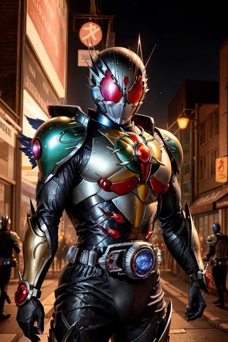 kamenrider,hyper HD, 4K, Famous scenes: In the heart of the city, where neon lights illuminate the night, the iconic figure of Kamen Rider emerges. His hyper-realistic appearance, captured in stunning 4K definition, leaves the crowd in awe. Witness the famous scenes of this mechanical marvel in action, as he defends against the darkness that threatens humanity, his hyper-detailed armor gleaming under the city lights.