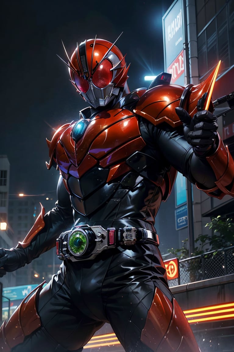 kamenrider, animal theme, red color armor, black color armor,hyper HD, 4K, where neon lights illuminate the night, the iconic figure of Kamen Rider emerges. His hyper-realistic appearance, captured in stunning 4K definition, leaves the crowd in awe. Witness the famous scenes of this mechanical marvel in action, as he defends against the darkness that threatens humanity, his hyper-detailed armor gleaming under the city lights.