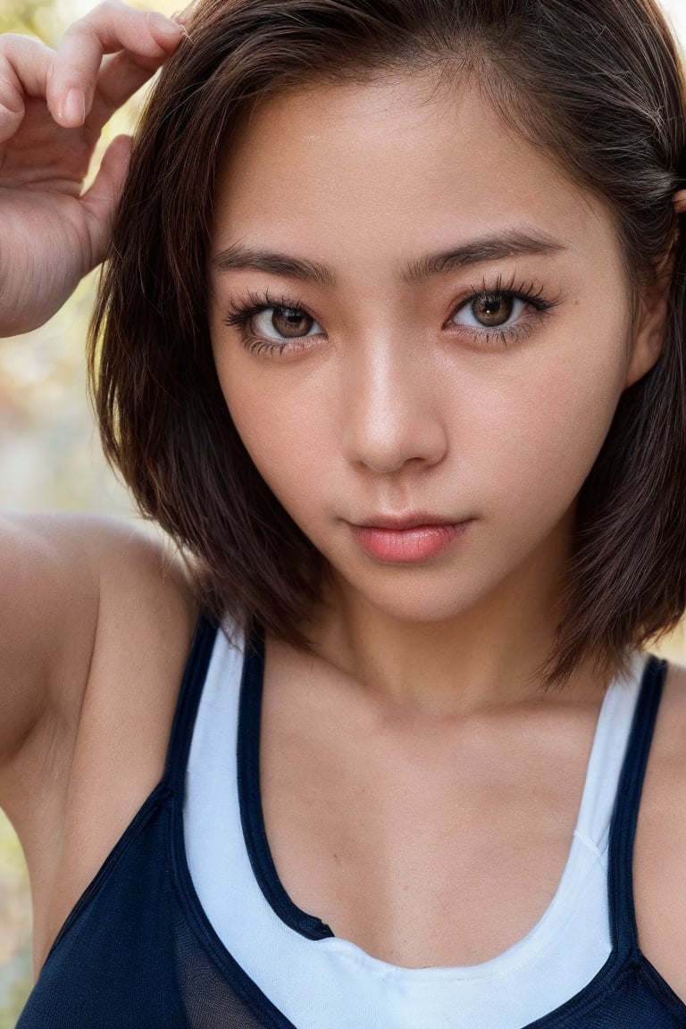 1girl, realistic photo of a 24 years old, (sports tank top, sports shorts), (short-hair:1.2), (small breasts:1.1), playful expression, (dynamic pose:1.3), (characters are full of composition, perfect anatomy, flawless face, perfect eyes, expresive eyes, perfect female body, narrow waist, very attractive beauty), (8K, ultra-detailed, masterpiece, best quality, detailed, highly detailed, sharp focus, detailed face, face focus focus, realisitic,Photorealsitic, Highest Detail Face) , (medium shot:1.3), (wide angle), (look at viewer:1.3), look closely at the camera, (natural lighting:1.4), (professional lighting), best shadow, (warm color), ( simple background:1.4), (Safe for work:1.3),minami