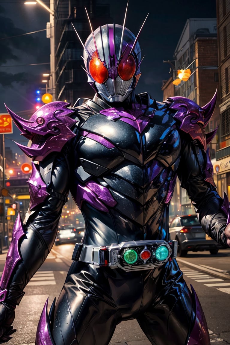 kamenrider,hyper HD, 4K, where neon lights illuminate the night, the iconic figure of Kamen Rider emerges. His hyper-realistic appearance, captured in stunning 4K definition, leaves the crowd in awe. Witness the famous scenes of this mechanical marvel in action, as he defends against the darkness that threatens humanity, his hyper-detailed armor gleaming under the city lights.