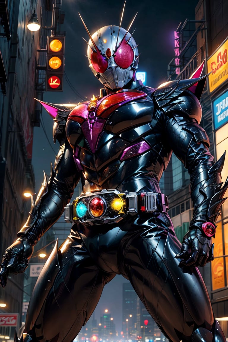 kamenrider,hyper HD, 4K, where neon lights illuminate the night, the iconic figure of Kamen Rider emerges. His hyper-realistic appearance, captured in stunning 4K definition, leaves the crowd in awe. Witness the famous scenes of this mechanical marvel in action, as he defends against the darkness that threatens humanity, his hyper-detailed armor gleaming under the city lights.