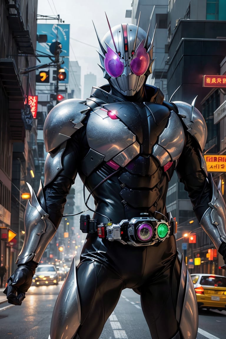 kamenrider,hyper HD, 4K, where neon lights illuminate the night, the iconic figure of Kamen Rider emerges. His hyper-realistic appearance, captured in stunning 4K definition, leaves the crowd in awe. Witness the famous scenes of this mechanical marvel in action, as he defends against the darkness that threatens humanity, his hyper-detailed armor gleaming under the city lights.