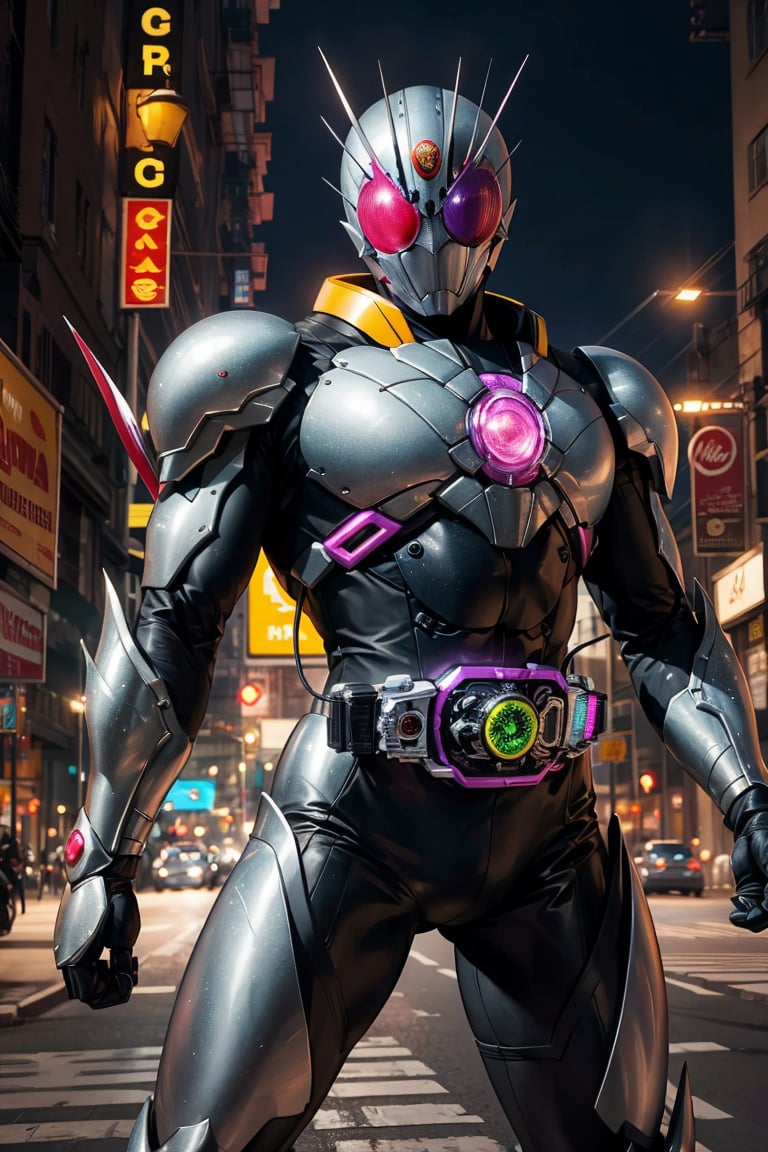 kamenrider,hyper HD, 4K, where neon lights illuminate the night, the iconic figure of Kamen Rider emerges. His hyper-realistic appearance, captured in stunning 4K definition, leaves the crowd in awe. Witness the famous scenes of this mechanical marvel in action, as he defends against the darkness that threatens humanity, his hyper-detailed armor gleaming under the city lights.