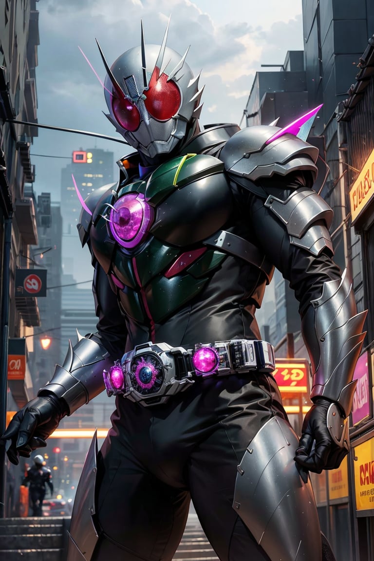 kamenrider,hyper HD, 4K, where neon lights illuminate the night, the iconic figure of Kamen Rider emerges. His hyper-realistic appearance, captured in stunning 4K definition, leaves the crowd in awe. Witness the famous scenes of this mechanical marvel in action, as he defends against the darkness that threatens humanity, his hyper-detailed armor gleaming under the city lights.