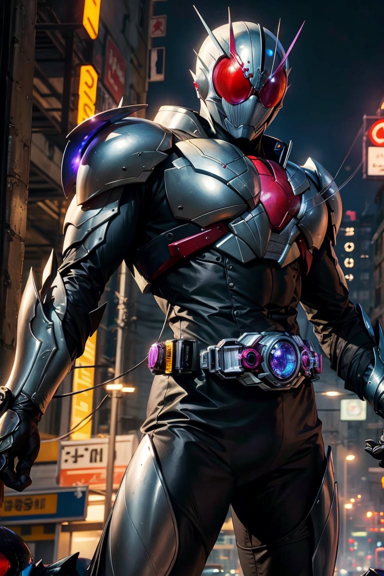 kamenrider,hyper HD, 4K, where neon lights illuminate the night, the iconic figure of Kamen Rider emerges. His hyper-realistic appearance, captured in stunning 4K definition, leaves the crowd in awe. Witness the famous scenes of this mechanical marvel in action, as he defends against the darkness that threatens humanity, his hyper-detailed armor gleaming under the city lights.