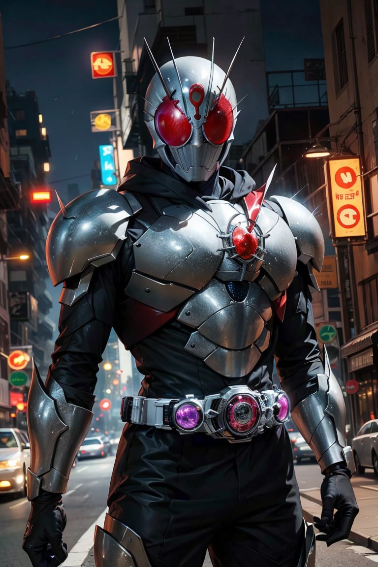 kamenrider,hyper HD, 4K, where neon lights illuminate the night, the iconic figure of Kamen Rider emerges. His hyper-realistic appearance, captured in stunning 4K definition, leaves the crowd in awe. Witness the famous scenes of this mechanical marvel in action, as he defends against the darkness that threatens humanity, his hyper-detailed armor gleaming under the city lights.