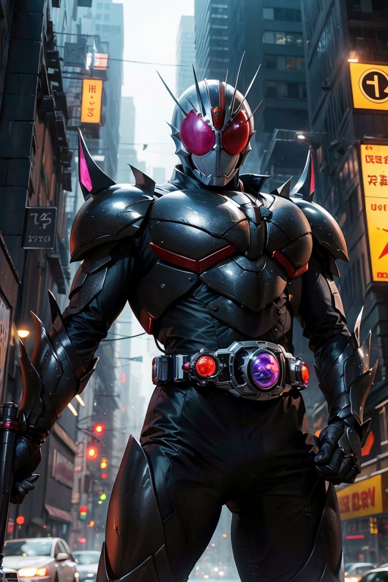 kamenrider,hyper HD, 4K, where neon lights illuminate the night, the iconic figure of Kamen Rider emerges. His hyper-realistic appearance, captured in stunning 4K definition, leaves the crowd in awe. Witness the famous scenes of this mechanical marvel in action, as he defends against the darkness that threatens humanity, his hyper-detailed armor gleaming under the city lights.