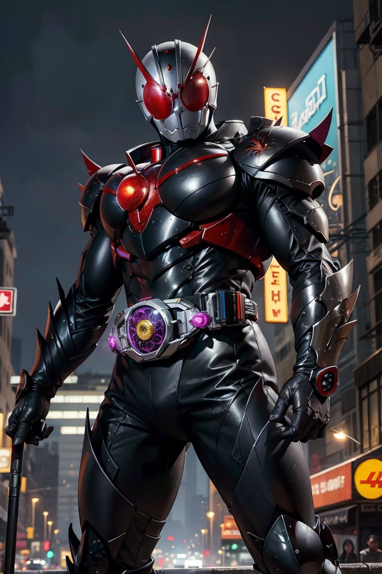 kamenrider,hyper HD, 4K, where neon lights illuminate the night, the iconic figure of Kamen Rider emerges. His hyper-realistic appearance, captured in stunning 4K definition, leaves the crowd in awe. Witness the famous scenes of this mechanical marvel in action, as he defends against the darkness that threatens humanity, his hyper-detailed armor gleaming under the city lights.