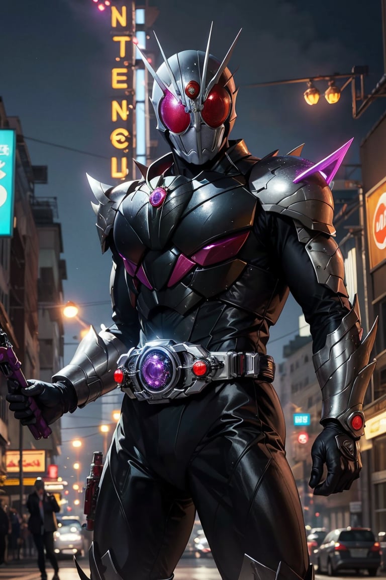 kamenrider,hyper HD, 4K, where neon lights illuminate the night, the iconic figure of Kamen Rider emerges. His hyper-realistic appearance, captured in stunning 4K definition, leaves the crowd in awe. Witness the famous scenes of this mechanical marvel in action, as he defends against the darkness that threatens humanity, his hyper-detailed armor gleaming under the city lights.