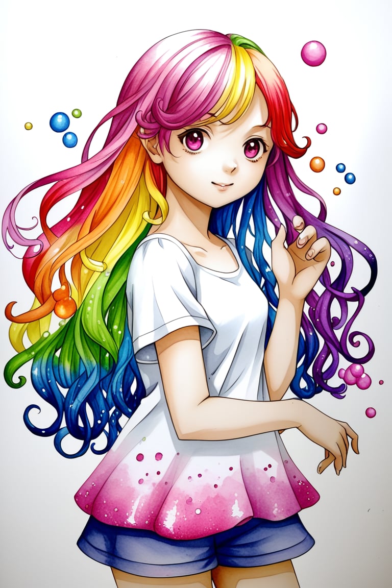 1 girl, solo,  ((watercolor texture)), rainbow colorful hair, soft color, illustration anime, waved long hair, bubbles, glitter