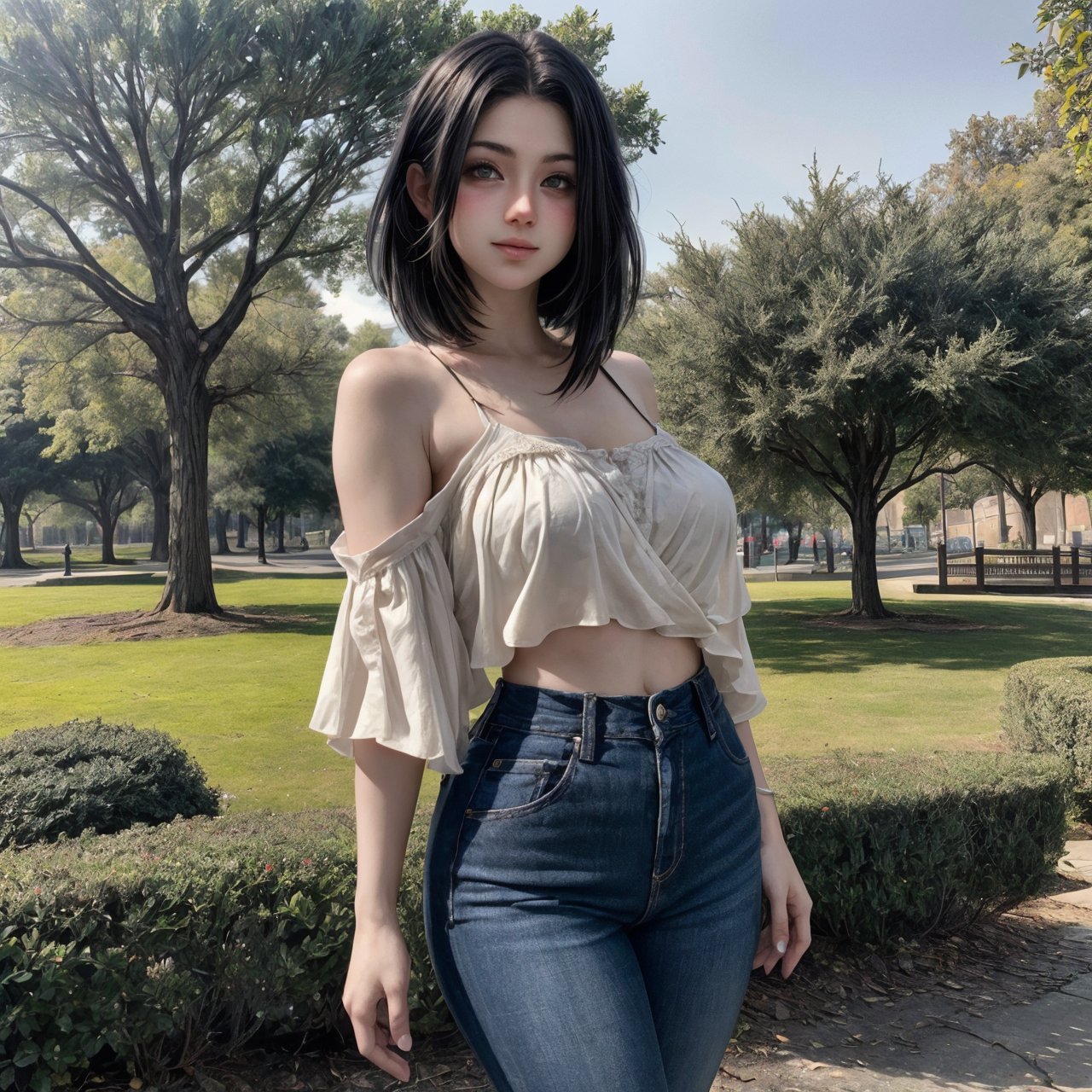 Capture an epic photograph of a beautiful girl in casual attire, with black hair, standing in a picturesque park. Ensure the image boasts high detail and professional lighting to create a stunning, magazine-worthy shot.