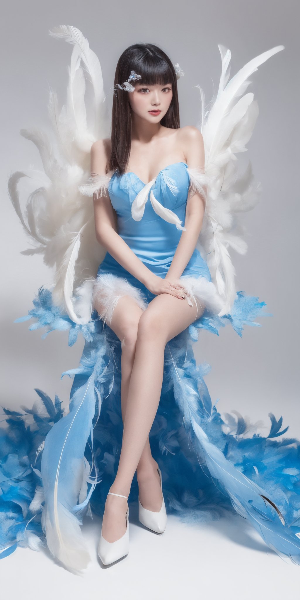 Masterpiece, top quality, (arafed woman in a blue dress sitting on the floor that full of white feathers, ethereal beauty, wearing a feather dress, ethereal fantasy, xianxia fantasy, ethereal fairytale, dress made of feathers, blue feathers, incredibly ethereal, soft feather, fantasy beautiful, full body made of white feathers, white feathers, chinese fantasy, a stunning young ethereal figure), extreme detailed, (abstract, fractal art:1.3), isometric, highest detailed, (feather), (bangs), ghost, Light,yuyu