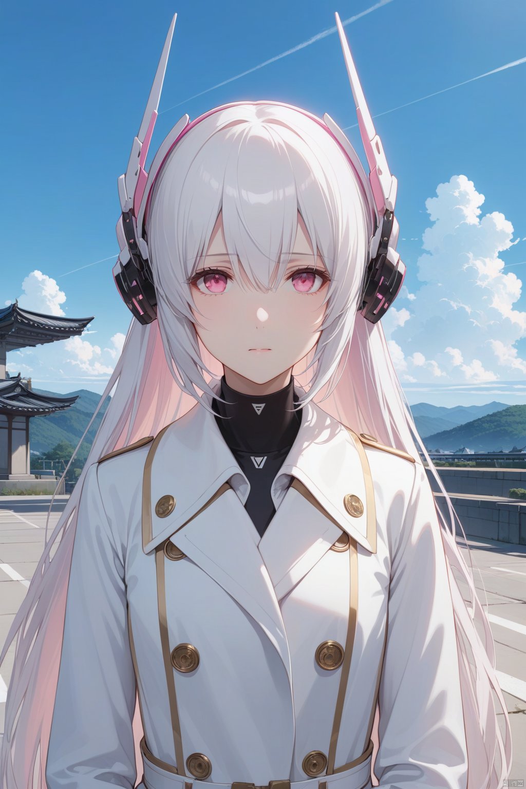  masterpiece,bestquality,1girl,long hair,solo,white hair,pink eyes,outdoors,blue sky,white coat,headgear,LIV,expressionless,empty_eyes