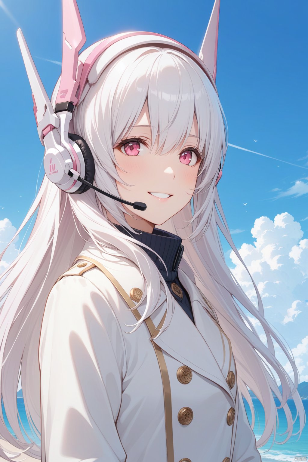  masterpiece,bestquality,1girl,long hair,solo,white hair,pink eyes,outdoors,blue sky,white coat,headgear,LIV,smile, aniamte_color,hairphones