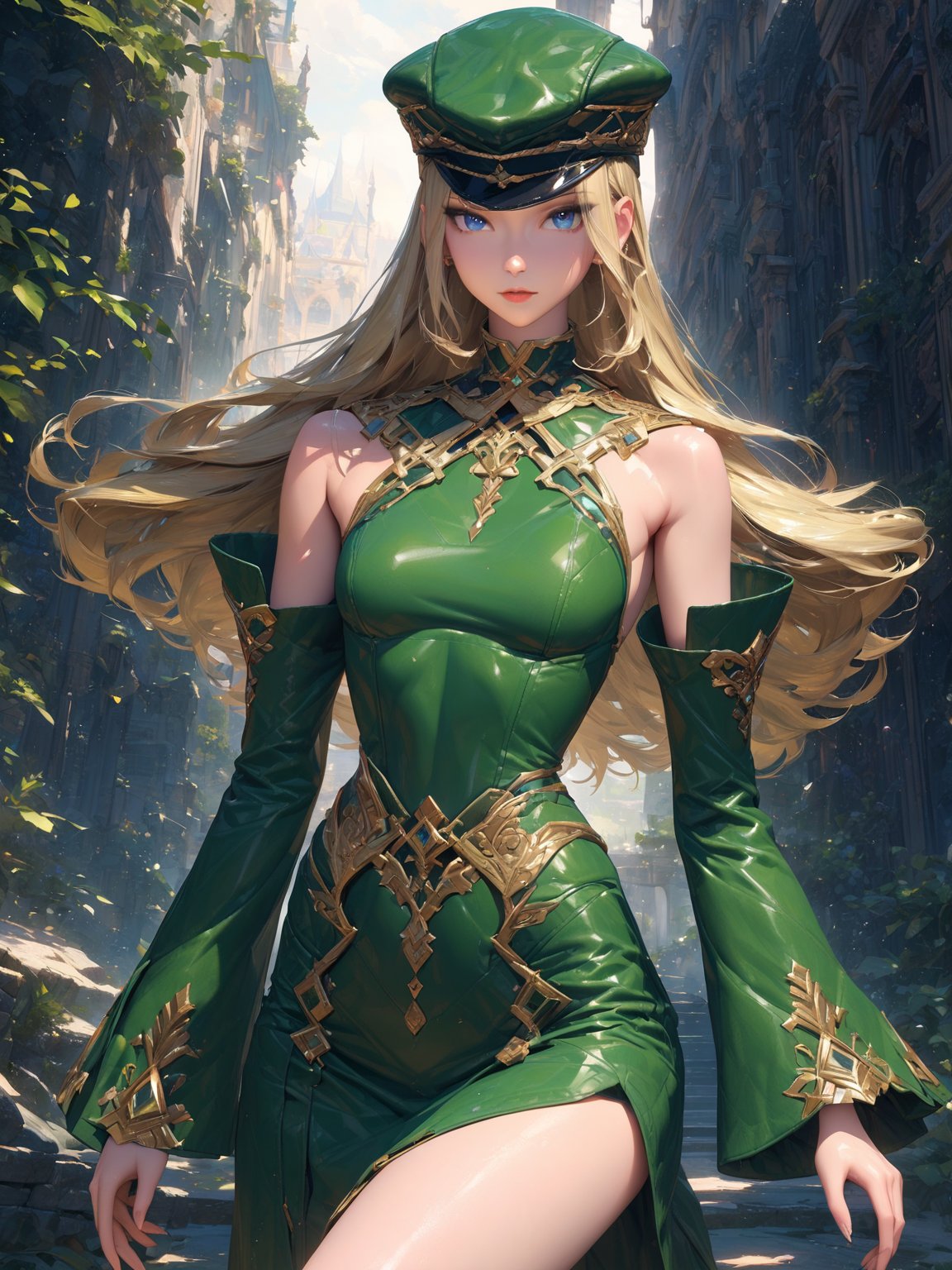 //Character, solo, Frey_VP, 1girl, blue eyes, long hair, blonde hair, 
//Fashion, hat, green dress, detached sleeves, green footwear, 
//Background, simple background, 
//Quality, (masterpiece), best quality, ultra-high resolution, ultra-high definition, highres, intricate, intricate details, absurdres, highly detailed, finely detailed, ultra-detailed, ultra-high texture quality, natural lighting, natural shadow, dramatic shading, dramatic lighting, vivid colour, perfect anatomy, 
//Others, 