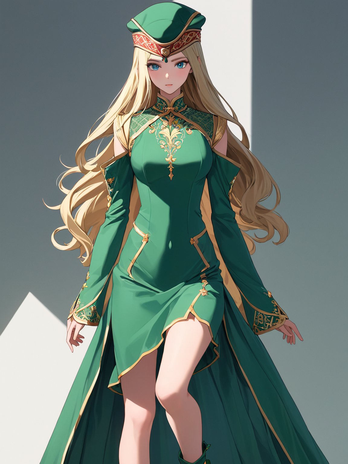 //Character, solo, Frey_VP, 1girl, blue eyes, long hair, blonde hair, 
//Fashion, hat, green dress, detached sleeves, green footwear, 
//Background, simple background, 
//Quality, (masterpiece), best quality, ultra-high resolution, ultra-high definition, highres, intricate, intricate details, absurdres, highly detailed, finely detailed, ultra-detailed, ultra-high texture quality, natural lighting, natural shadow, dramatic shading, dramatic lighting, vivid colour, perfect anatomy, 
//Others, 