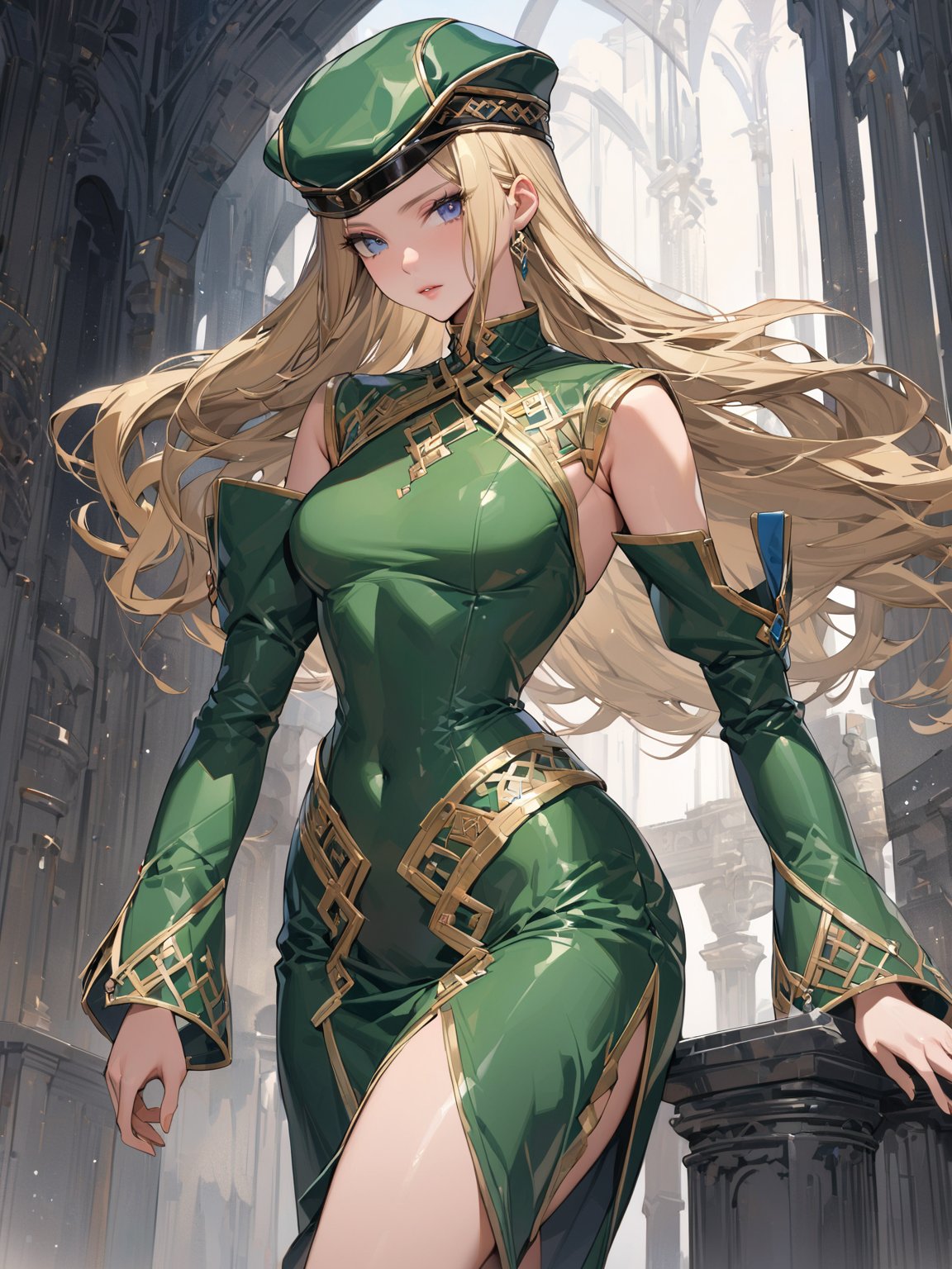 //Character, solo, Frey_VP, 1girl, blue eyes, long hair, blonde hair, 
//Fashion, hat, green dress, detached sleeves, green footwear, 
//Background, simple background, 
//Quality, (masterpiece), best quality, ultra-high resolution, ultra-high definition, highres, intricate, intricate details, absurdres, highly detailed, finely detailed, ultra-detailed, ultra-high texture quality, natural lighting, natural shadow, dramatic shading, dramatic lighting, vivid colour, perfect anatomy, 
//Others, 