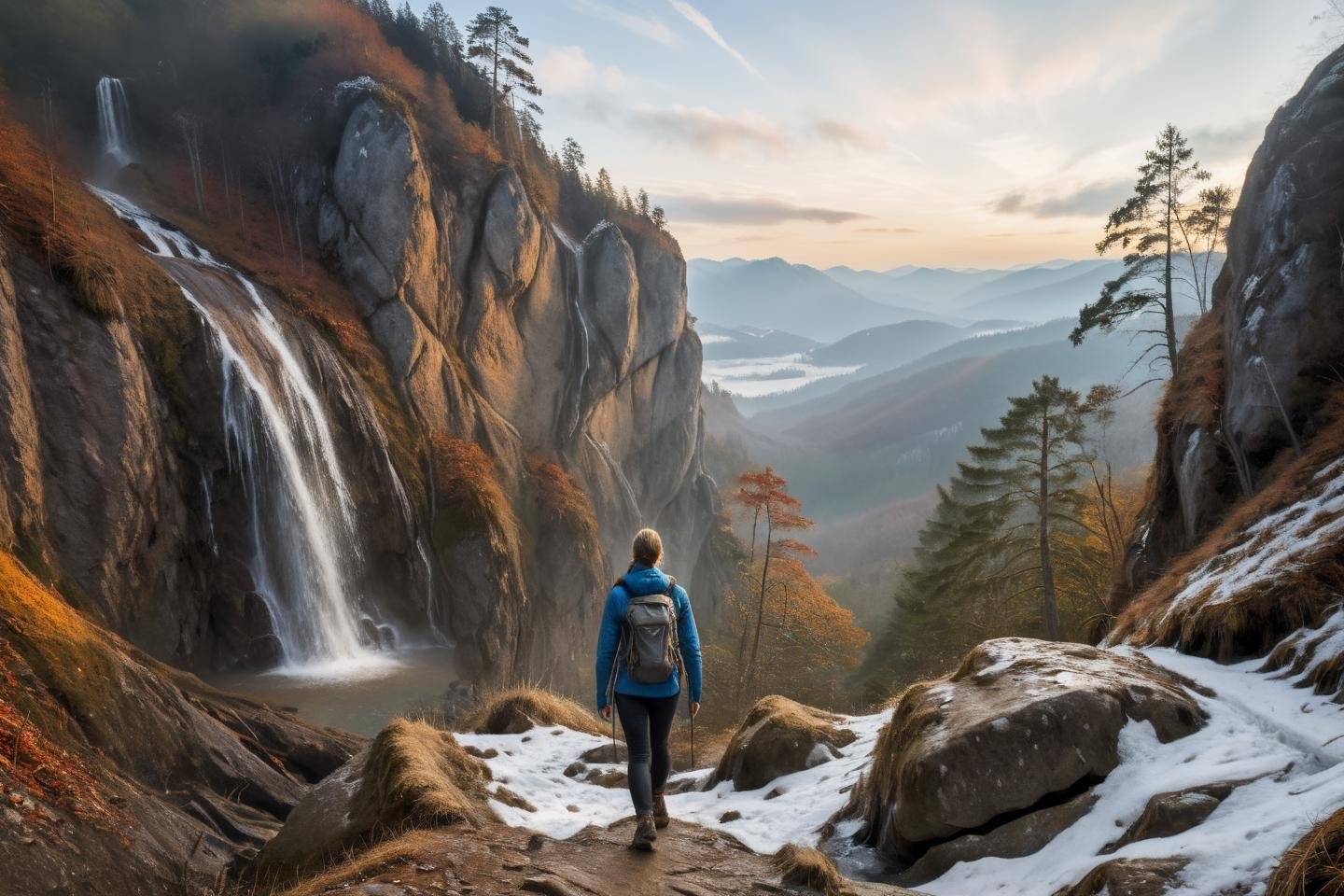 Hyperrealistic art professional photo, woman hiking in mountains,  autumn winter, scenery, path through cliffs up to hill to rock window, waterfall, forest, (dramatic sky,  journal cover shot, natural colors, correct white balance, color correction, dehaze,clarity),  . Extremely high-resolution details, photographic, realism pushed to extreme, fine texture, incredibly lifelike   <lora:When_autumn_meets_winter_XL:1>
