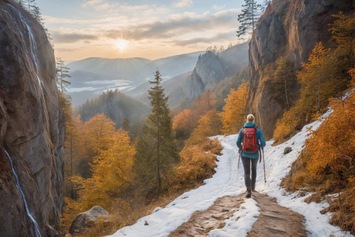 Hyperrealistic art professional photo, woman hiking in mountains,  autumn winter, scenery, path through cliffs up to hill to rock window, waterfall, forest, (dramatic sky,  journal cover shot, natural colors, correct white balance, color correction, dehaze,clarity),  . Extremely high-resolution details, photographic, realism pushed to extreme, fine texture, incredibly lifelike   <lora:When_autumn_meets_winter_XL:1>