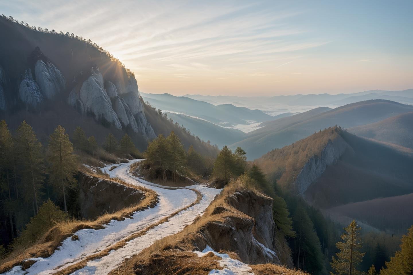 Hyperrealistic art professional photo, scenery, path through cliffs up to mountain hill, forest, (dramatic sky,  journal cover shot, natural colors, correct white balance, color correction, dehaze,clarity),  . Extremely high-resolution details, photographic, realism pushed to extreme, fine texture, incredibly lifelike   <lora:When_autumn_meets_winter_XL:1>