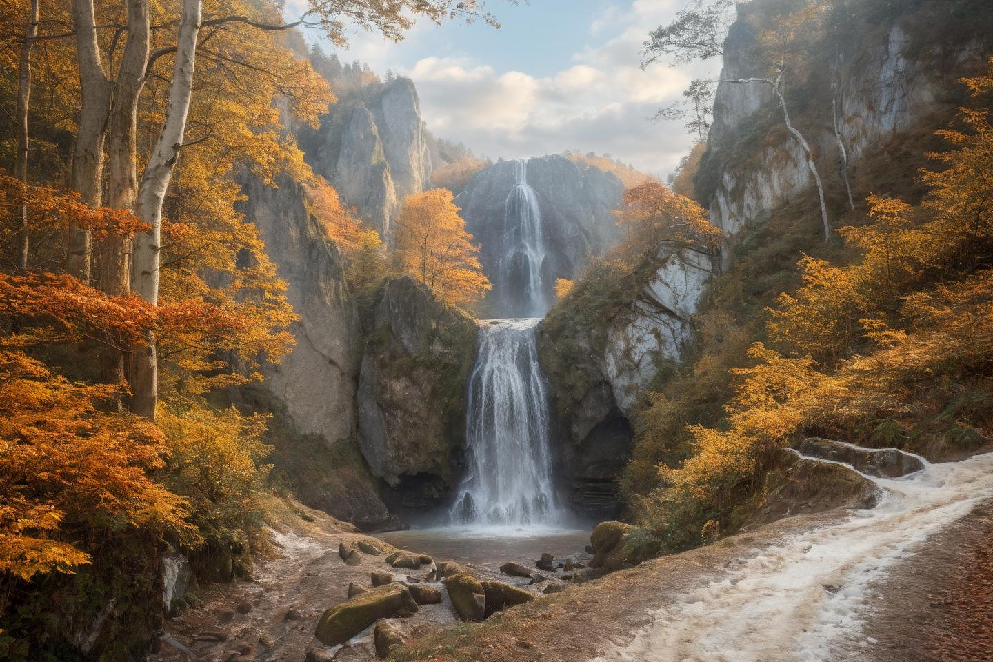 Hyperrealistic art professional photo, autumn winter, scenery, path through cliffs up to hill to rock window, waterfall, forest, (dramatic sky,  journal cover shot, natural colors, correct white balance, color correction, dehaze,clarity),  . Extremely high-resolution details, photographic, realism pushed to extreme, fine texture, incredibly lifelike   <lora:When_autumn_meets_winter_XL:1>