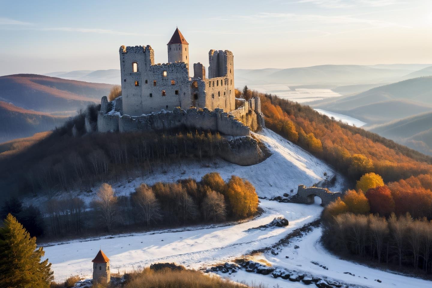 Hyperrealistic art professional photo, scenery, autum, winter, castle ruins on hill, forest, river, cliffs (dramatic sky,  journal cover shot, high contrast, natural colors, correct white balance, color correction, dehaze,clarity),  . Extremely high-resolution details, photographic, realism pushed to extreme, fine texture, incredibly lifelike   <lora:When_autumn_meets_winter_XL:1>