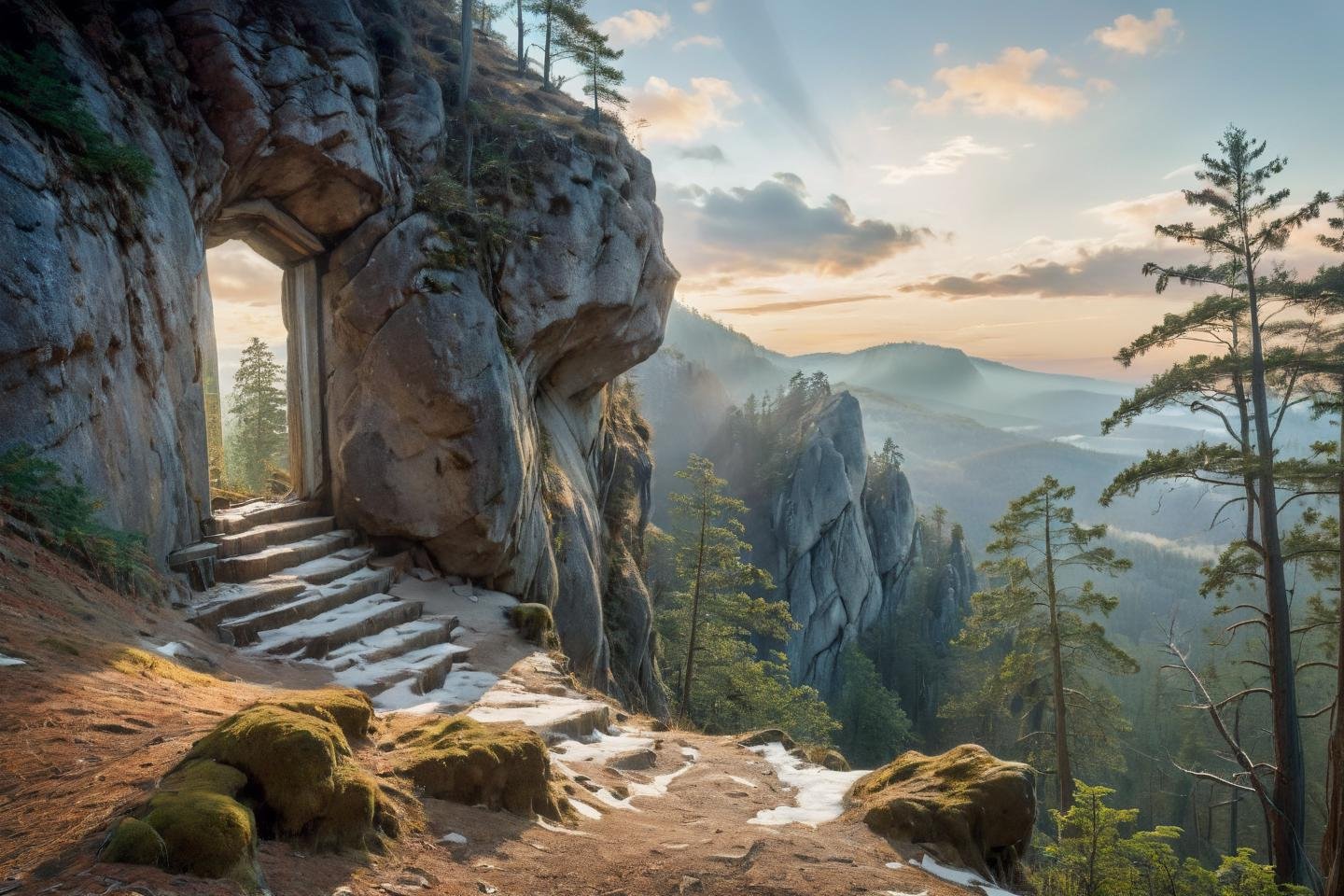 Hyperrealistic art professional photo, scenery, path through cliffs up to hill to rock window, forest, (dramatic sky,  journal cover shot, natural colors, correct white balance, color correction, dehaze,clarity),  . Extremely high-resolution details, photographic, realism pushed to extreme, fine texture, incredibly lifelike   <lora:When_autumn_meets_winter_XL:1>