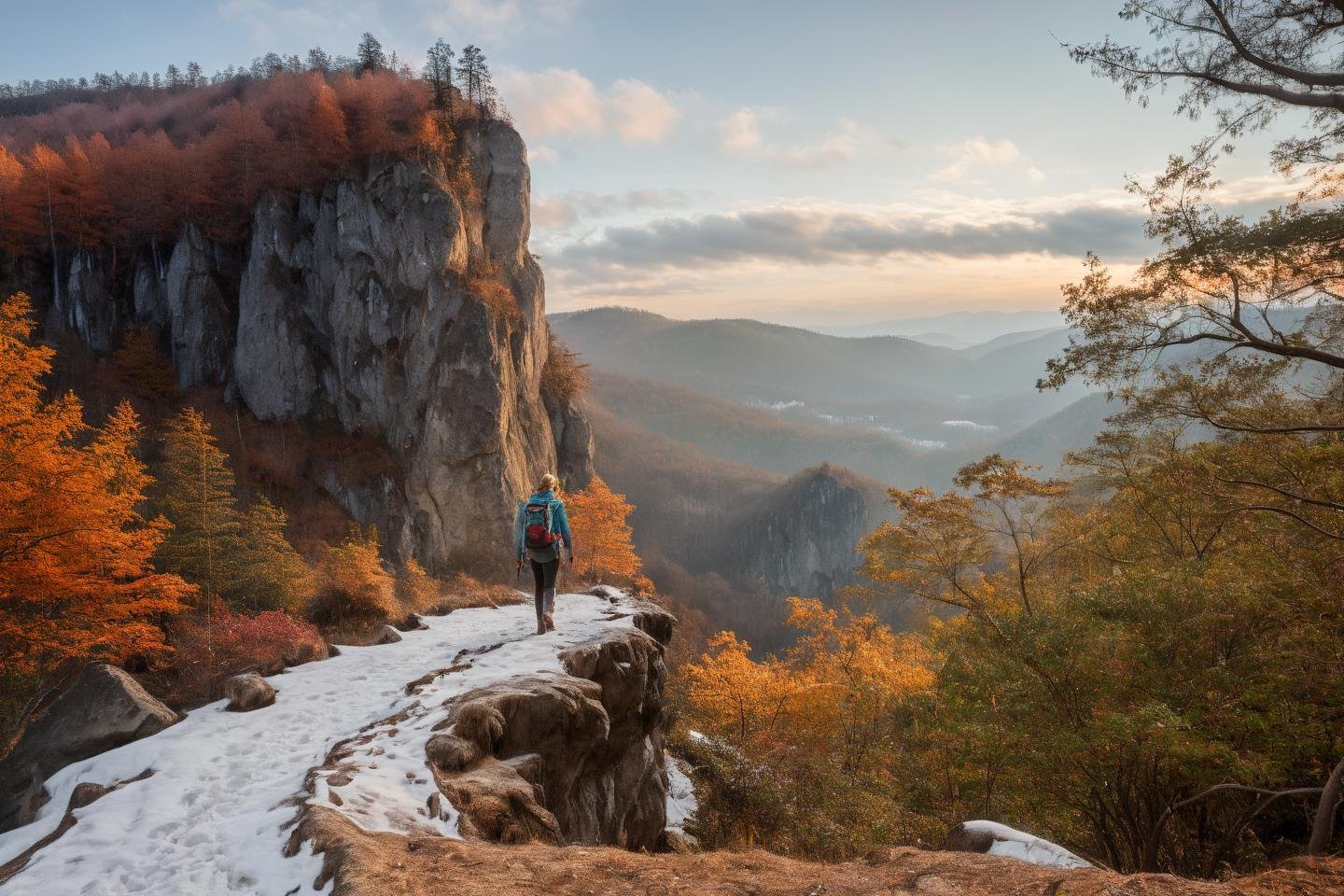 Hyperrealistic art professional photo, woman hiking in mountains,  autumn winter, scenery, path through cliffs up to hill to rock window, waterfall, forest, (dramatic sky,  journal cover shot, natural colors, correct white balance, color correction, dehaze,clarity),  . Extremely high-resolution details, photographic, realism pushed to extreme, fine texture, incredibly lifelike   <lora:When_autumn_meets_winter_XL:1>