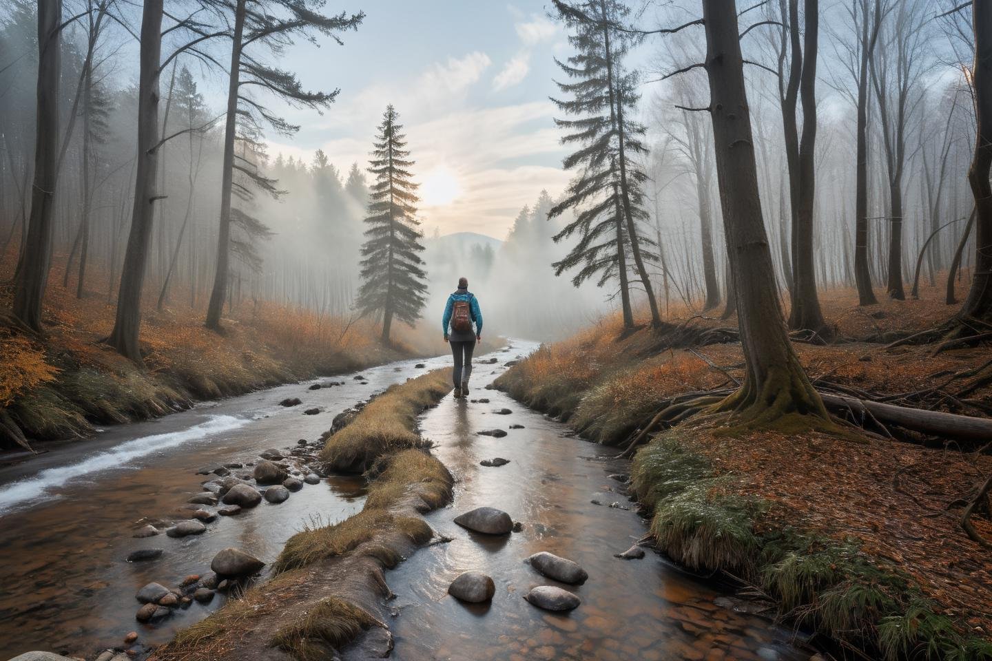 Hyperrealistic art professional photo, woman hiking on forest path, autumn woods with patches of snow, scenery, river stream next to path, forest, (dramatic sky,  journal cover shot, natural colors, correct white balance, color correction, dehaze,clarity),  . Extremely high-resolution details, photographic, realism pushed to extreme, fine texture, incredibly lifelike   <lora:When_autumn_meets_winter_XL:1>