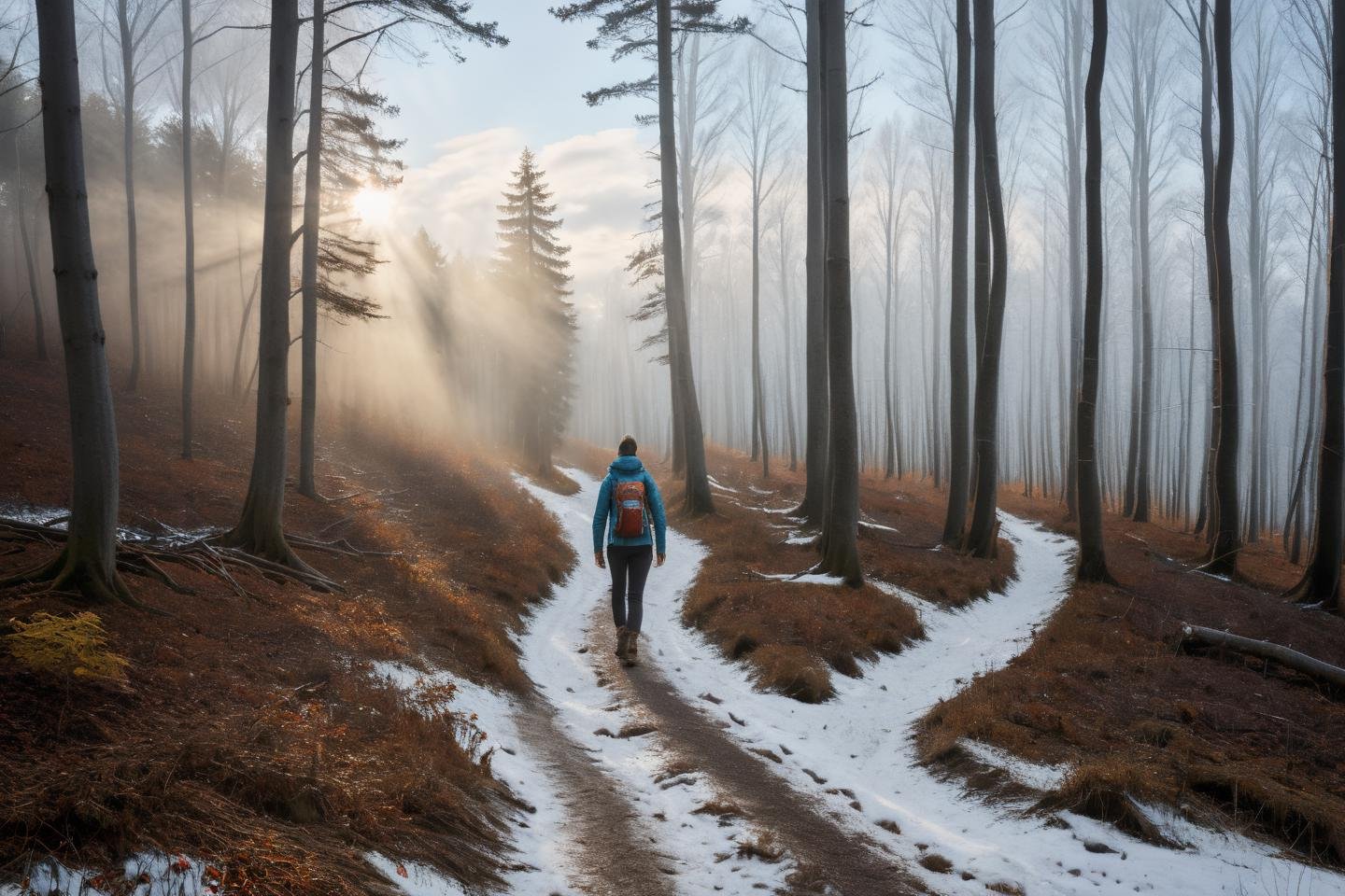 Hyperrealistic art professional photo, woman hiking on forest path, autumn woods with patches of snow, scenery, forest, (dramatic sky,  journal cover shot, natural colors, correct white balance, color correction, dehaze,clarity),  . Extremely high-resolution details, photographic, realism pushed to extreme, fine texture, incredibly lifelike   <lora:When_autumn_meets_winter_XL:1>
