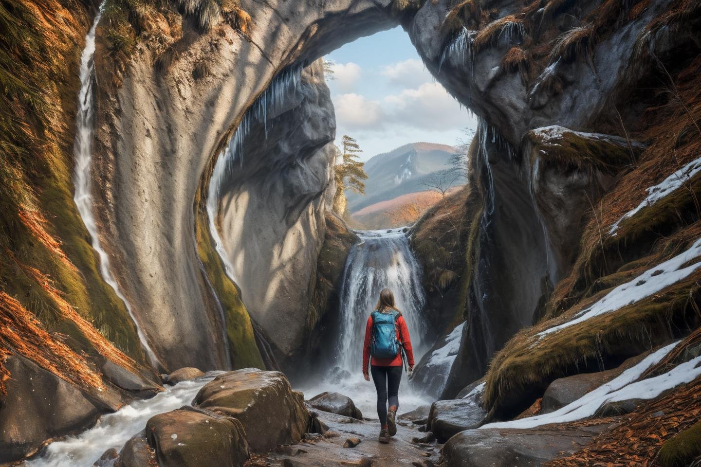 Hyperrealistic art professional photo, woman hiking in mountains,  autumn winter, scenery, path through cliffs up to hill to rock window, waterfall, forest, (dramatic sky,  journal cover shot, natural colors, correct white balance, color correction, dehaze,clarity),  . Extremely high-resolution details, photographic, realism pushed to extreme, fine texture, incredibly lifelike   <lora:When_autumn_meets_winter_XL:1>