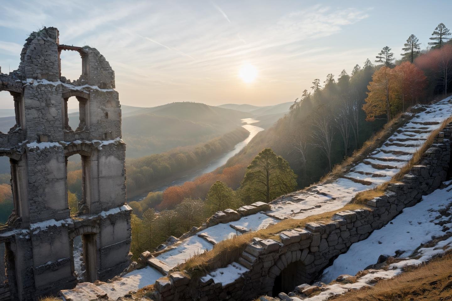 Hyperrealistic art professional photo, scenery, path through ruins up to hill, forest, river, cliffs (dramatic sky,  journal cover shot, natural colors, correct white balance, color correction, dehaze,clarity),  . Extremely high-resolution details, photographic, realism pushed to extreme, fine texture, incredibly lifelike   <lora:When_autumn_meets_winter_XL:1>