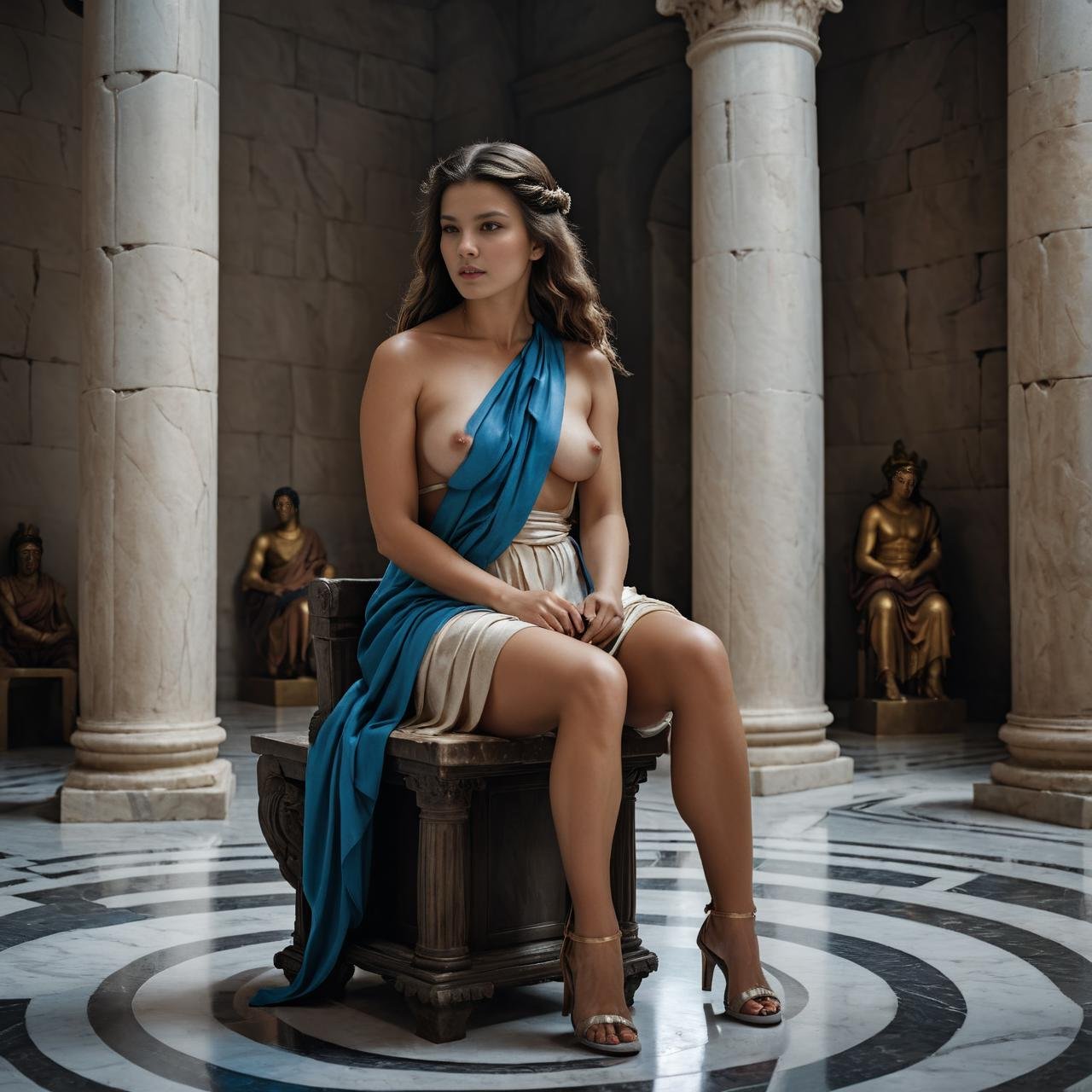 CINEMATIC SHOT, professional photo by Caravaggio,beautiful woman sitting on blue stool, beautiful hair,  wearing roman toga with bare breasts, at middle of empty huge roman temple hall with deceroted walls, statues and colums  dslr, marble floor, indoor,(by Christopher Nolan:1.4)(35mm, F/2.8)((Photo Focus, DOF, Aperture, Cinematic Color grading, insanely detailed and intricate, character, hypermaximalist, elegant, beautiful, exotic, revealing, appealing, attractive, amative, hyper realistic, super detailed, trending on flickr))  <lora:b_e_a_u_t_i_f_i_e_r_-XL-:0.9>