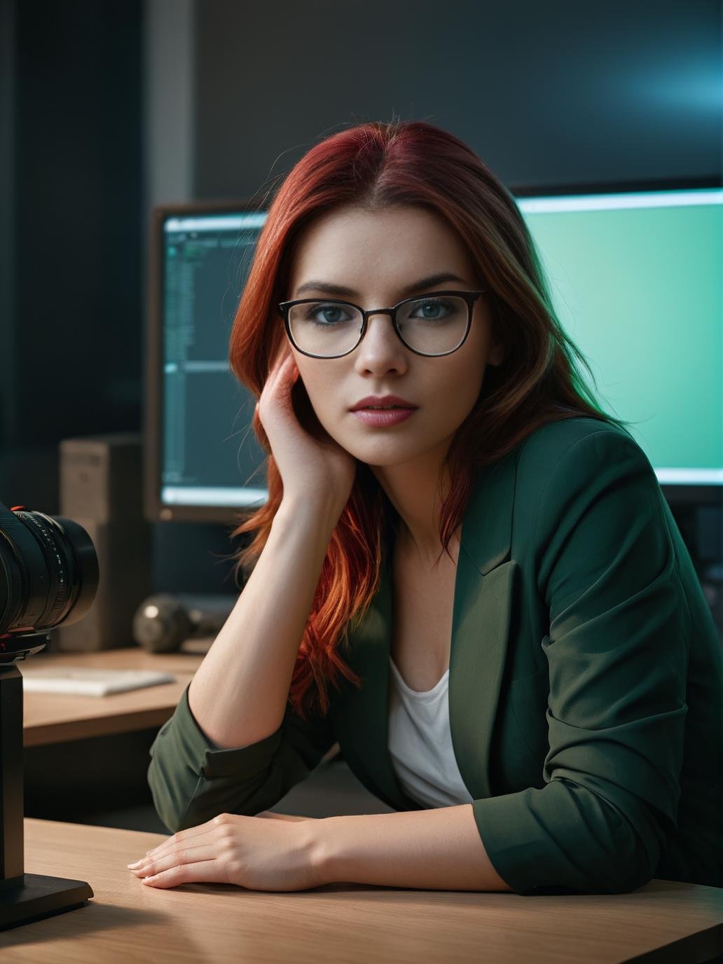 CINEMATIC SHOT, professional photo by Caravaggio, beautiful redhead girl with glasses, green eyes, sitiing at a desk, looking on a monitor, rests his chin on one hand, medium close shot, open-plan office, neon light, looks blank, detailed skin, perfect eyes, perfect face,    <lora:b_e_a_u_t_i_f_i_e_r_-XL-:1> , indoor, (by Christopher Nolan:1.4)(35mm, F/2.8)((dslr, Photo Focus, DOF, Aperture, Cinematic Color grading, insanely detailed and intricate, character, hypermaximalist, elegant, beautiful, exotic, revealing, appealing, attractive, amative, hyper realistic, super detailed, trending on flickr))