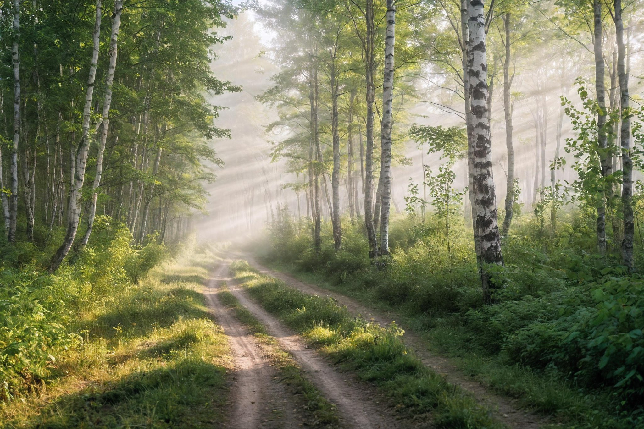 a dirt road surrounded by tall trees in the woods with fog in the air and a trail leading through the birch trees, Andor Basch, volumetric fog, tonalism, insane details, cinematic light, detailed, color grading, post processing, sunrise  <lora:Instant_landscaper_XL:0.7>