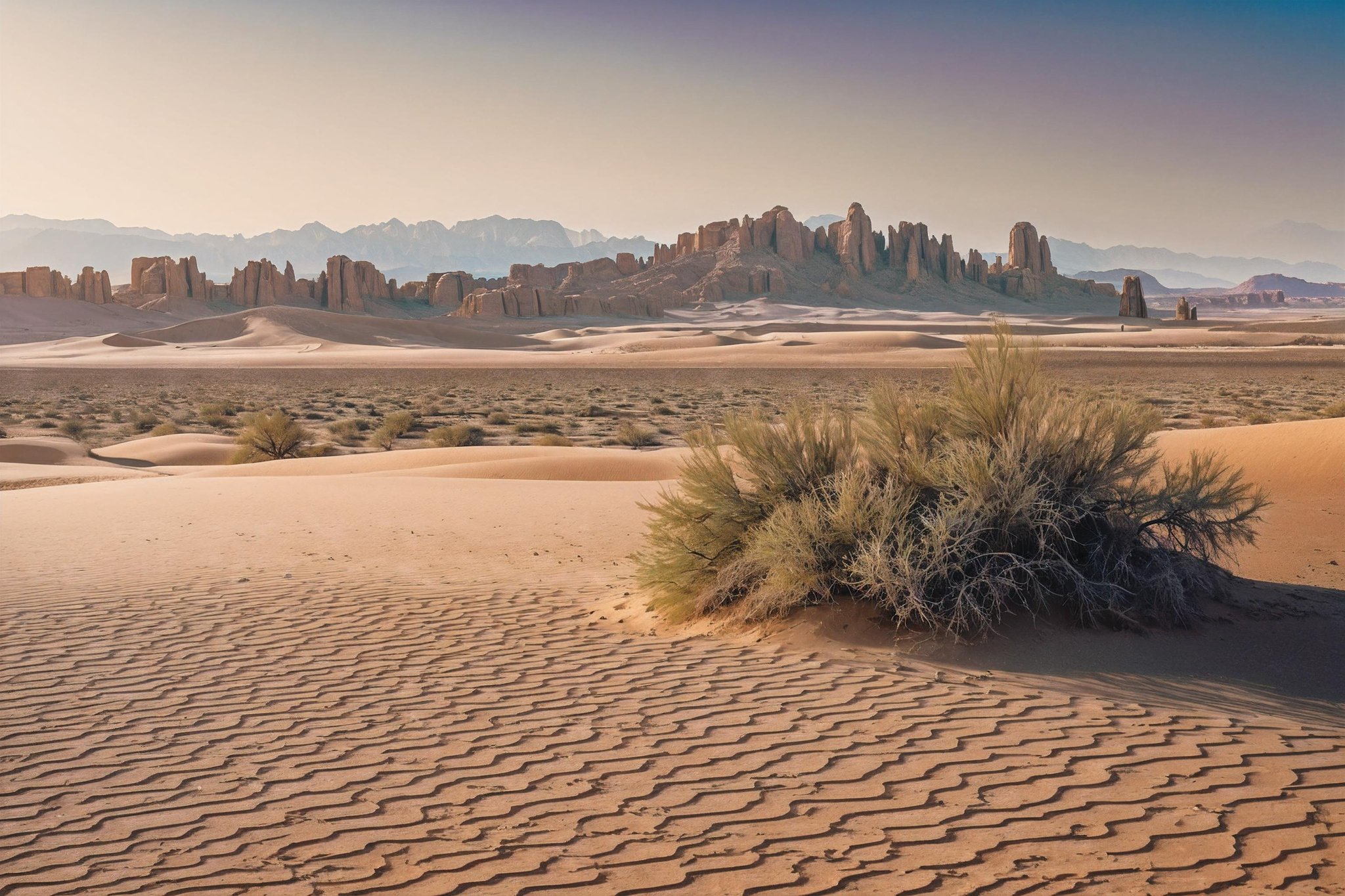 a desert with a few rocks in the background and a blue sky above it, and a few bushes in the foreground, Amir Zand, desert, a detailed matte painting, dau-al-set, award-winning photograph, naturalism, insane details, cinematic light, detailed, color grading, sunrise  <lora:Instant_landscaper_XL:0.7> 